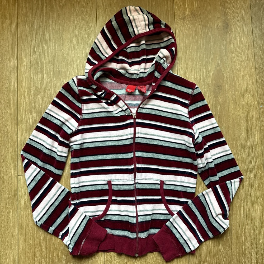 Women's Striped Zip-Up Hoodie - Burgundy, White, Black